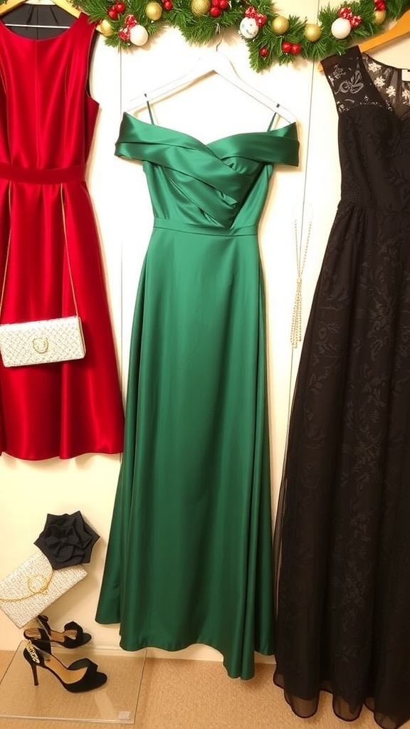 Elegant Christmas Frock Ideas for Women A collection of elegant Christmas frocks for women in red, green, and black, with accessories displayed for a festive look.